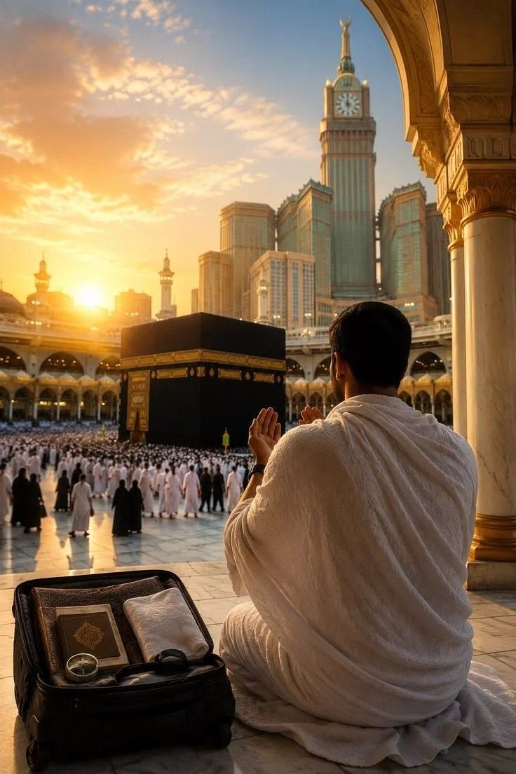 Pèlerin en prière devant la Kaaba au coucher du soleil